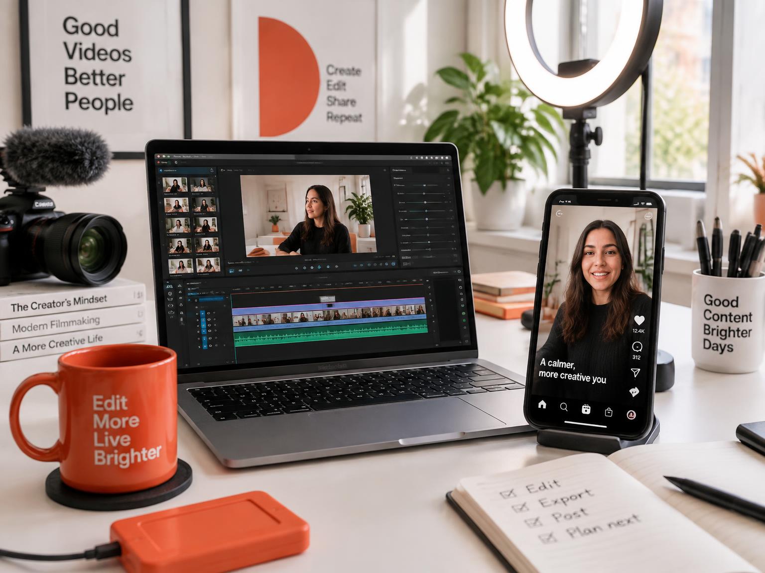 Mesa de edição com notebook mostrando timeline de vídeo e celular com Reels
